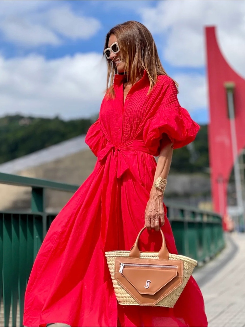 Vibrant Phoebe Red Puff-Sleeve Maxi Dress with Waist Tie